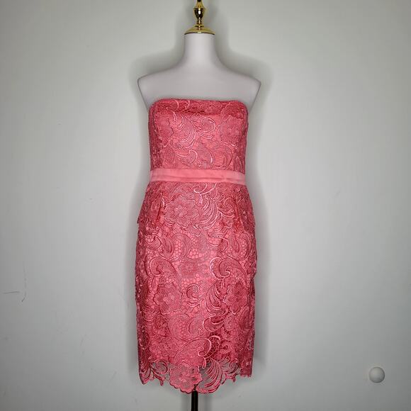 Cache Coral Pink Crochet Lace Strapless Bodycon Pencil Peplum Dress Size 12 POEC - Picture 1 of 8